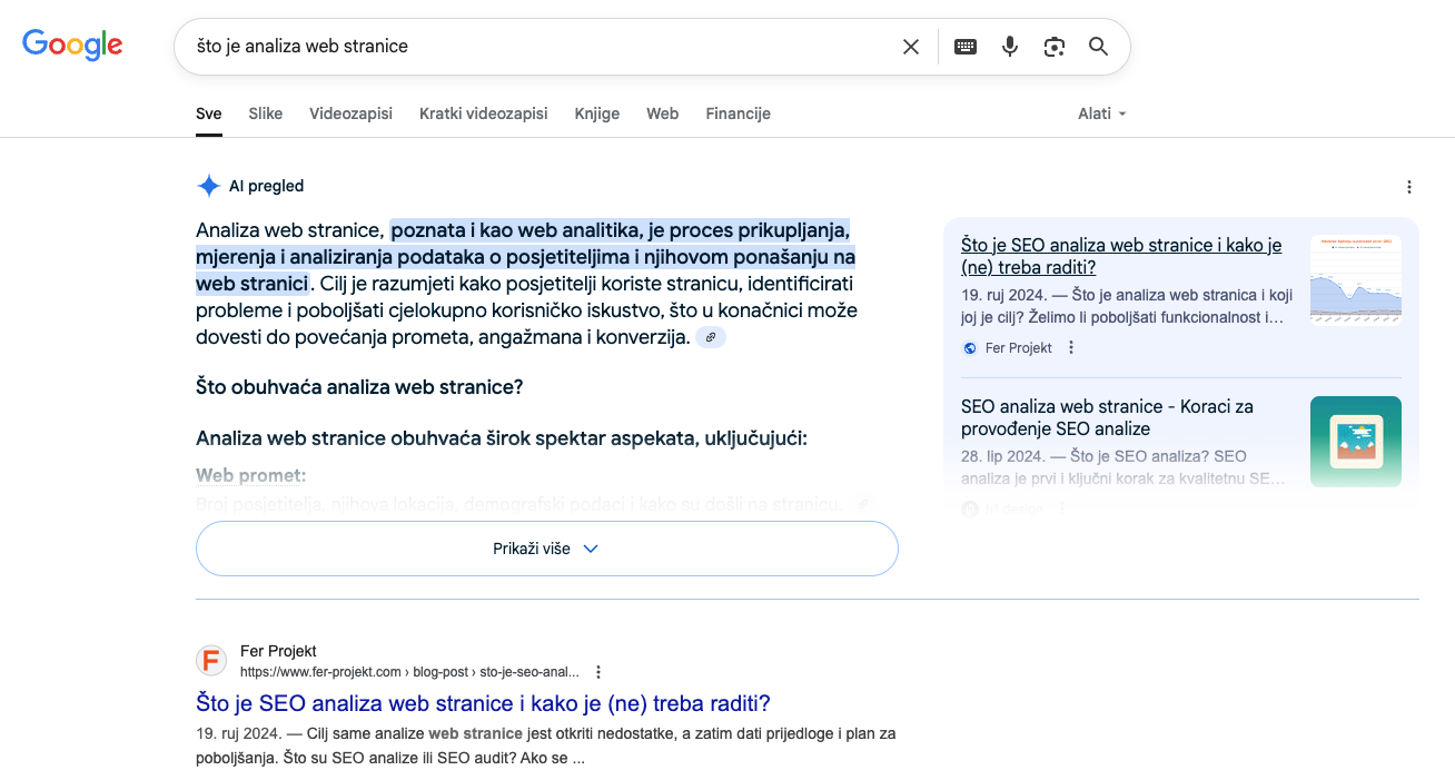 Primjer AI pregleda s našim člankom kao izvorom